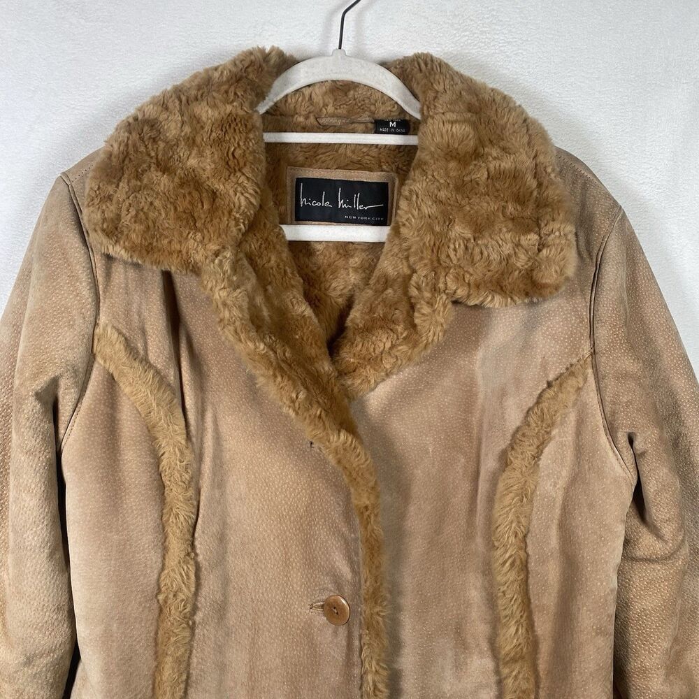 Vintage Nicole Miller Suede Leather Faux Shearling Long Coat Tan Y2K Women’s M - Picture 8 of 14